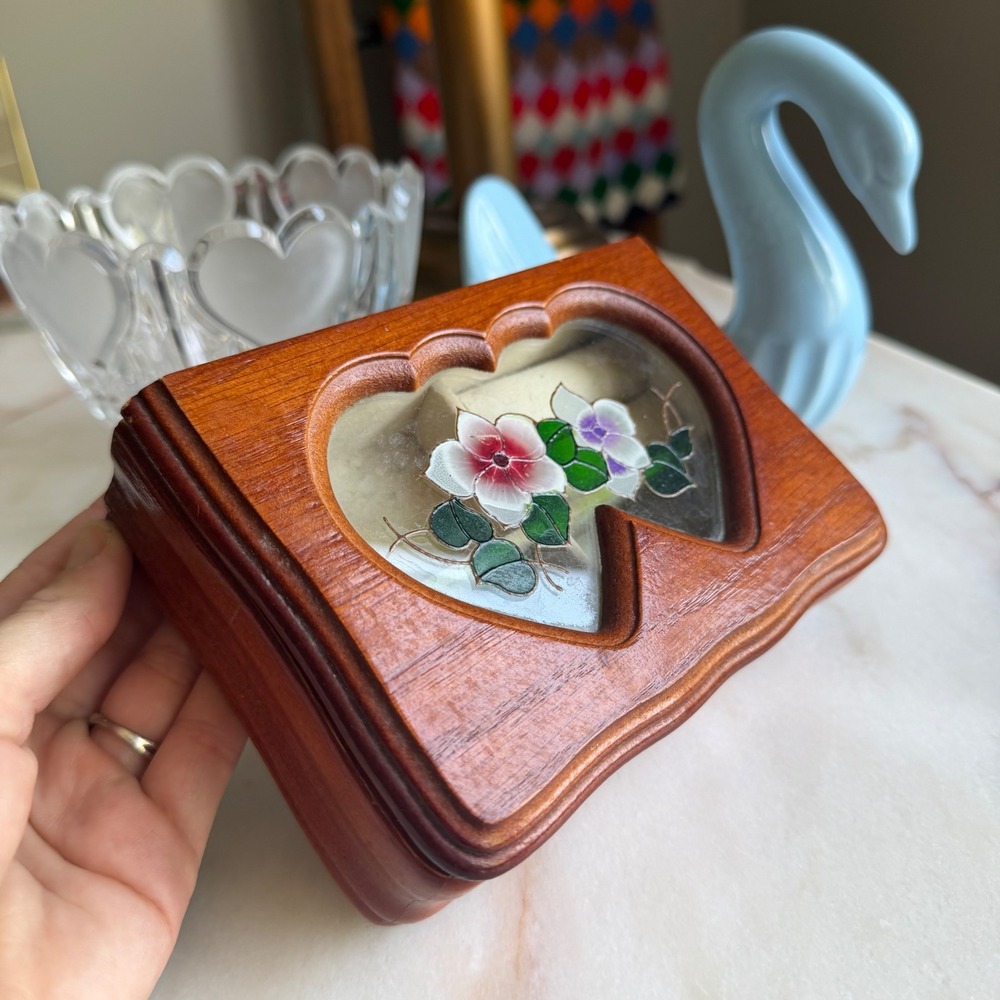 Vintage Wood Jewelry Box Double Heart Floral Glass Inlay Trinket Box Organizer